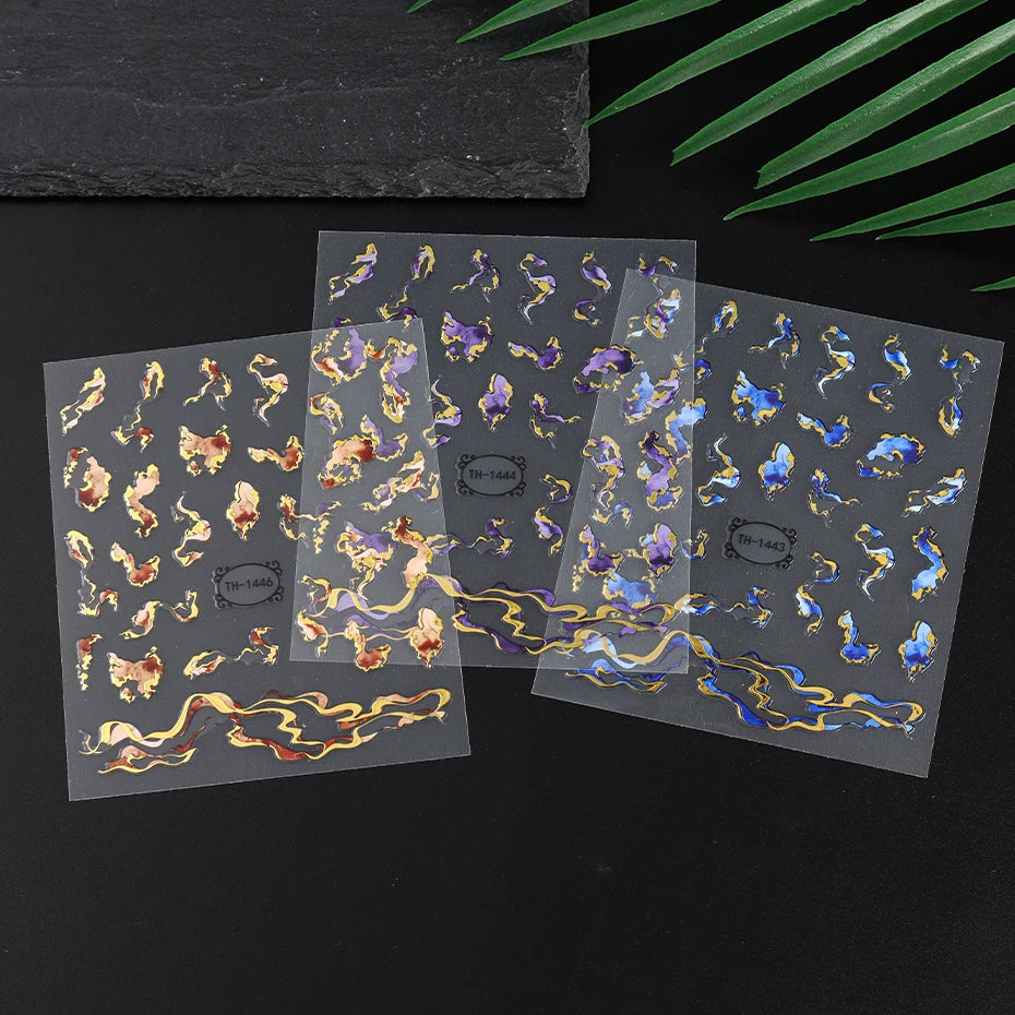 Nails Stickers Purple Blue Brown Ink Design Decals Gold Decorations Art Self-Adhesive Holographic Gel Slider Manicure Supplies