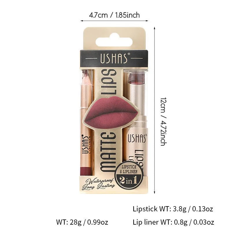 USHAS 12 Color Matte Lipstick Set Long-lasting Waterproof Lipstick + Lip Liner Set Easy Coloring Non-Stick Cup Lip Makeup Suit