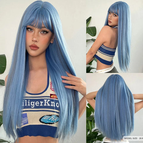 Synthetic Long Silky Straight Wigs with Bangs Black Cosplay Party Lolita Hair Wigs for Women Natural Heat Resistant Wig