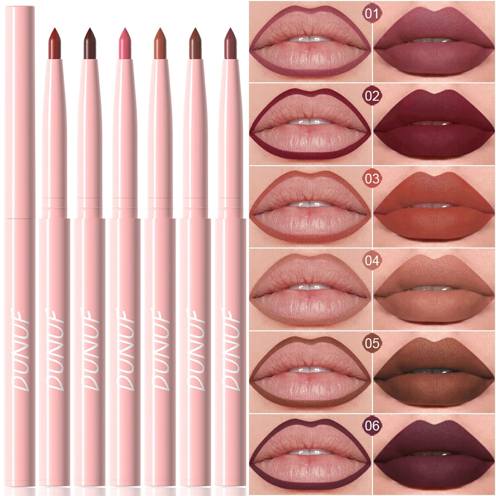 Matte Lip Liner Pencil 6pc/set - Waterproof Non-Stick Cup Lip Contour Liner, High Pigment Nude & Dark Red Lipstick Pen Makeup
