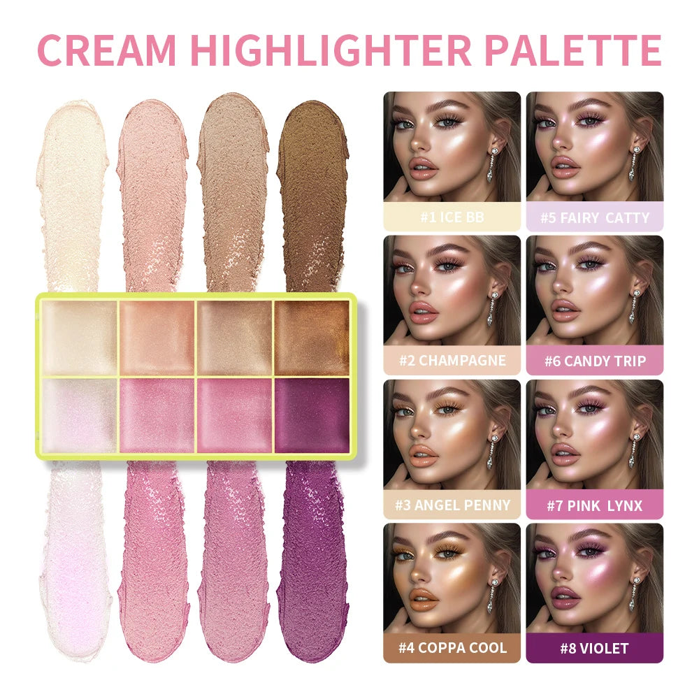 8 Colors Cream Highlighter Palette for Highlight Face Brighten Highlighter Blush Shimmer Waterproof Makeup Tool Cosmetics