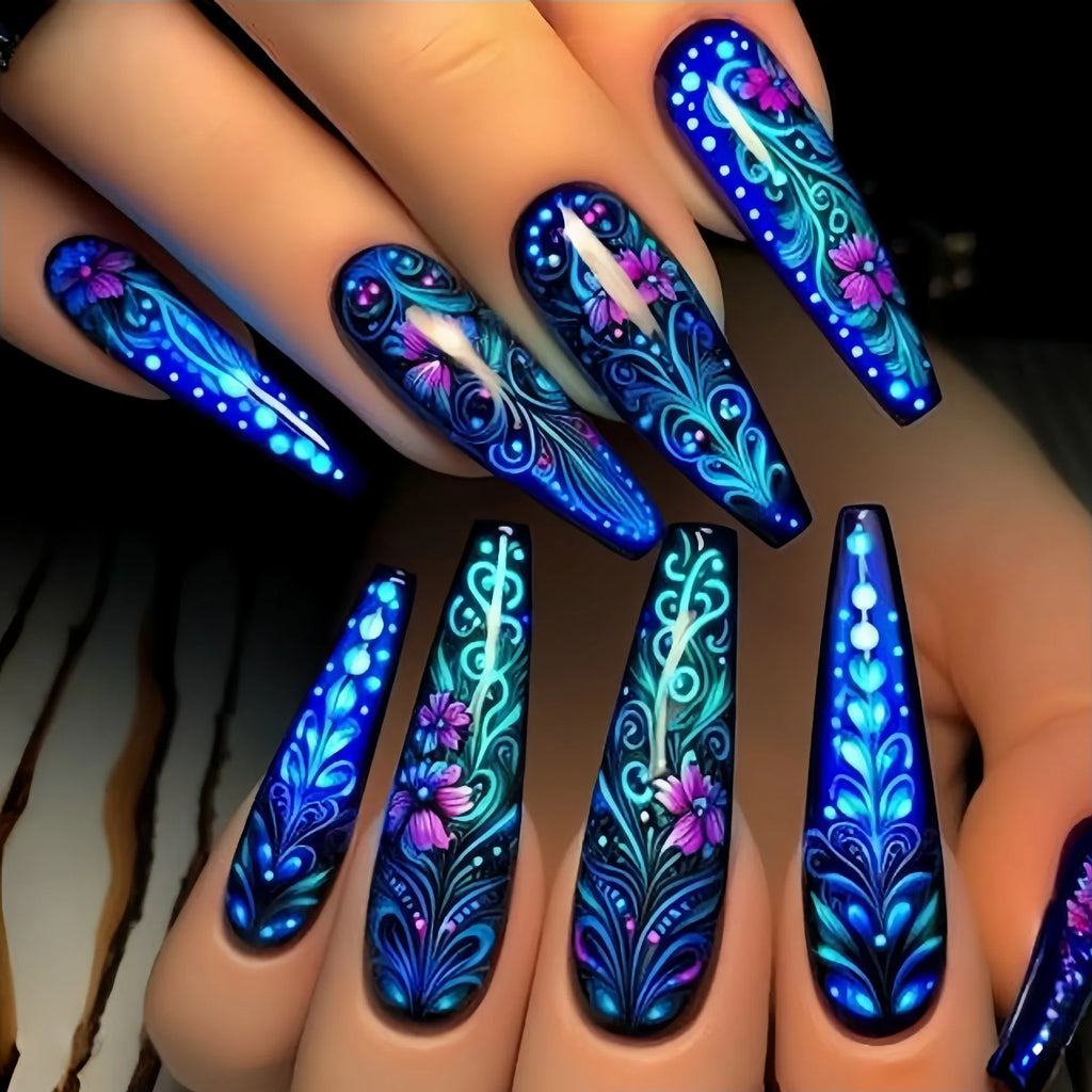 24pcs/set Medium long fake nails for women Spring summer flowers butterfly bee design faux ongles tips press on false nail art