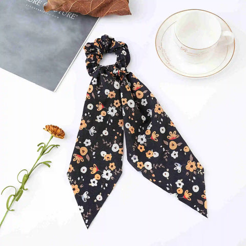 2023 Fashion Print Chiffon Long Ribbon Scrunchies Women Girls Ponytail Scarf Elastic Hair Bands Ties Hair Accessories Wholesale