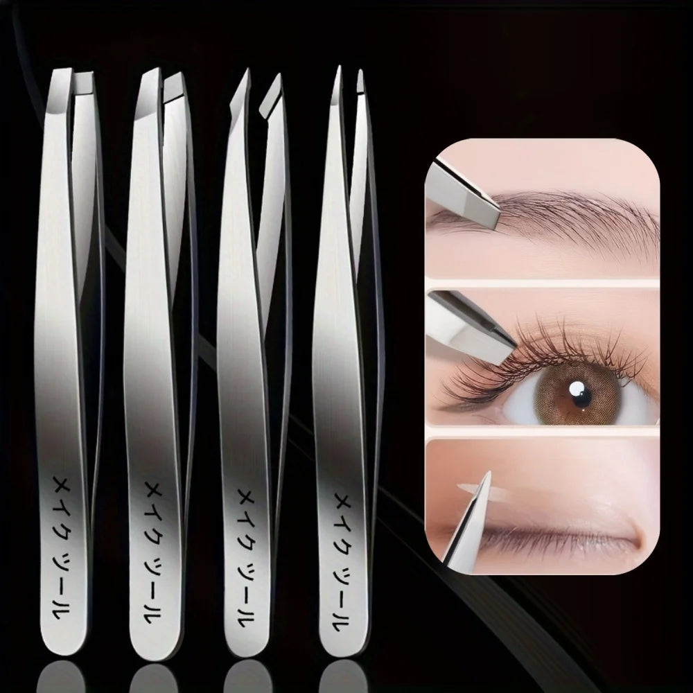 A Four-piece Precision Tweezers set - Professional Stainless Steel Eyebrow Tweezers, Multi-purpose Eyebrow Trimmers