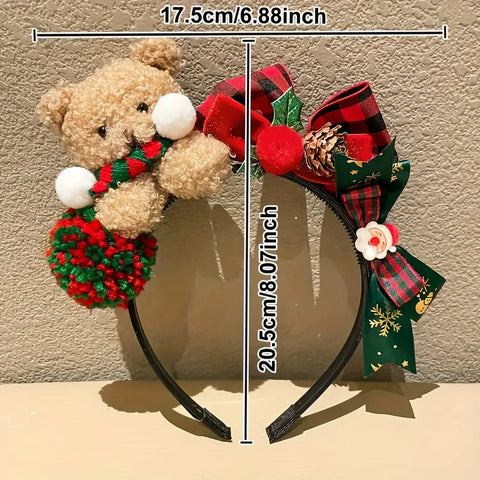 Christmas Bear Headband with Bow - Festive plush hair accessory for women, perfect for parties & photos. Lightweight & stylish!