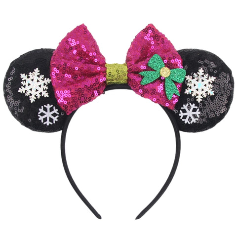 2023 Disney Christmas Mickey Ears Headband For Girls Sequins Bow Festivall Party Hairband DIY Hair Accessories