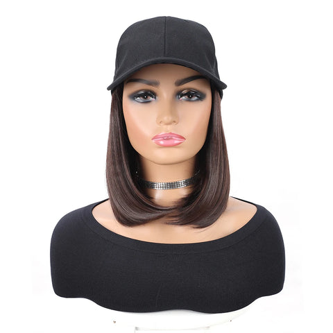 Baseball Cap with Synthetic Hair Extensions Heat Resistant 10 Inch Adjustable Short Straight Bob Wigs in Hat for Women Daily Use
