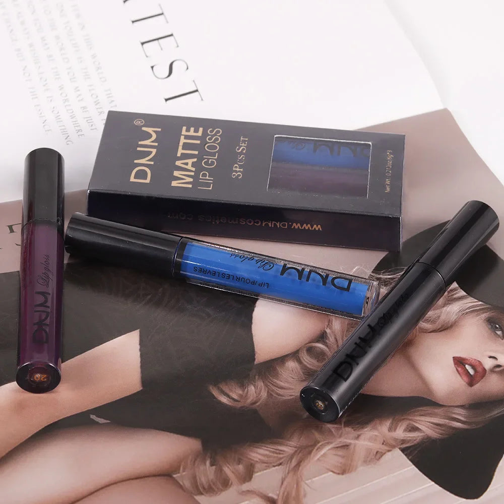 DNM 3PCS Liquid Lipstick Sets Waterproof Matte Black Blue Purple Blue Sexy Lip Gloss Long Lasting Nude Lip Tint Stain Makeup Kit