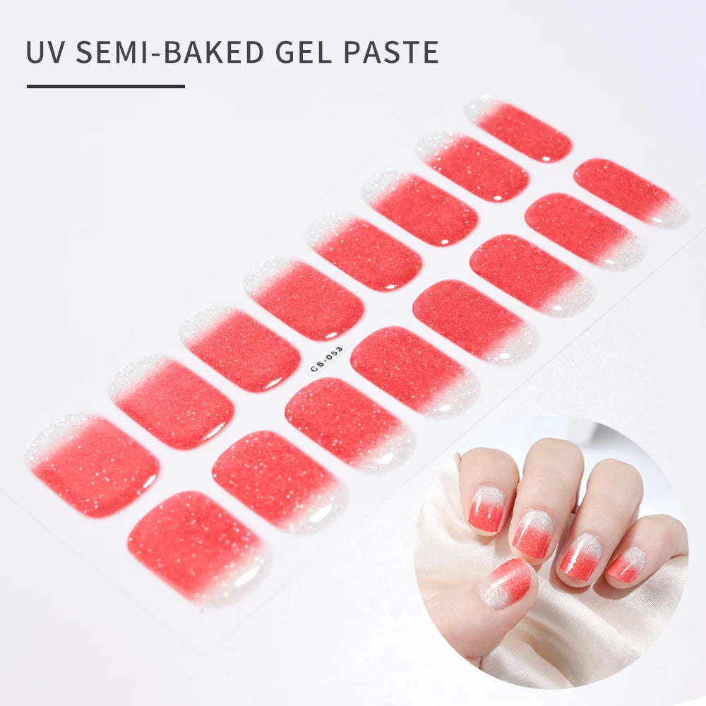 16Tips French Black Semi-Cured Nail Stickers With Glitter Long-Lasting UV Gel Nail Polish Wraps Full Cover Nail Art Decals Patch