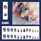 24pcs Y2k Star Press On Nails Gradient Black Mid-length Coffin False Nail Tips Full Cover Moon Designs Fake Nail For Cool Girls