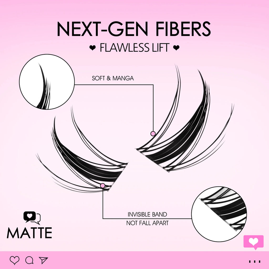QIUNING Manga Lash Clusters Kit Cat Lashes with Lash Bond & Seal Cluster Eyelash Extensions Mixed Tray Eyelash Clusters Kit