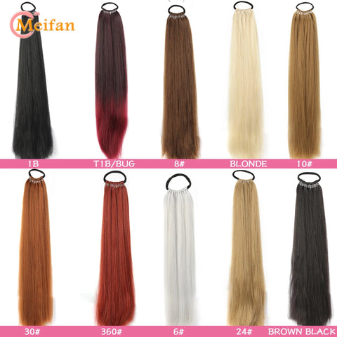 MEIFAN 24 Inch Synthetic Ponytail Extensions Black Natural Braided Pony Tail Hairpiece Long Straight Rubber Band Hair For Women
