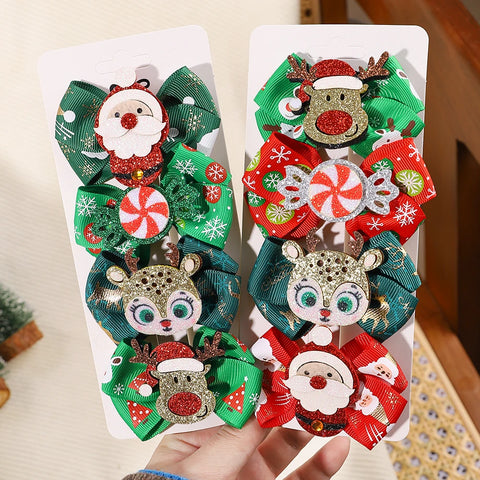 4pcs New Christmas Hair Bow Clips for Baby Girls DIY Glitter X'mas Santa Elk Bowknot Hairpin Cute Kid Headwear Hair Accessories