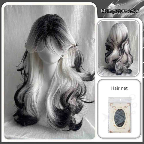 Gray-black Gradient Synthetic Wig Female Twilight Elf Gothic Lolita Wool Curly Long Hair With Bangs Christmas Cosplay Wig