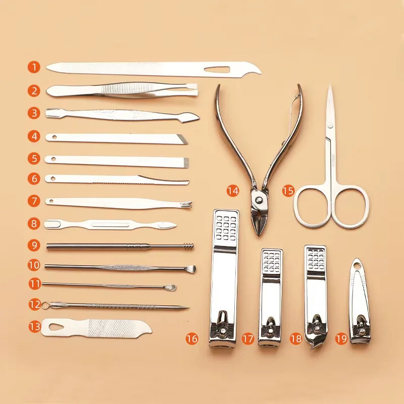 Household Daily Grooming Kit 19PCS Stainless Steel Manicure Pedicure Tool Set With Nail Clippers Ear Spoons