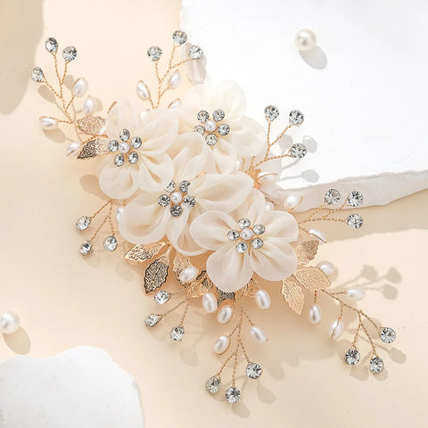 White Silk Flower Hair Clips Elegant Pearls Headpieces Rhinestone Leaf Hairpins Bride Wedding Hair Jewelry Bridal Headdress