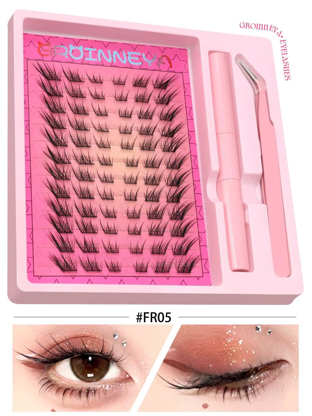 GROINNEYA Manga Lash Clusters Kit Cat Lashes with Lash Bond & Seal Cluster Eyelash Extensions Eyelash Clusters Kit DIY Lashes