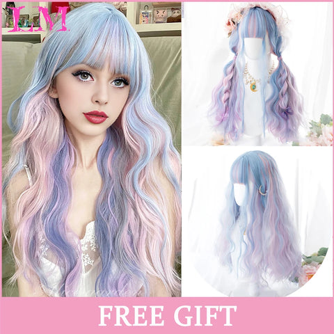LM Synthetic Hair Long Wave Black And Pink Lolita Wigs For Women Cosplay Wig With Bangs Halloween Christmas Heat Resistant