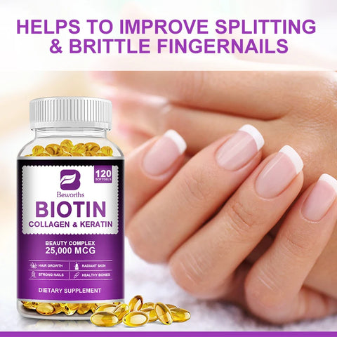 BEWORTHS Collagen and Biotin Capsules Biotin for Hair Growth Healthy Nails &Skin Hair Farming Supplement Beauty Health Skin Care