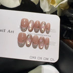 10PCS Ins Blue Short Oval False Nails Retro Hand-drawn Brown Polka Dot Bow French Press on Nails Full Cover Detachable Manicure
