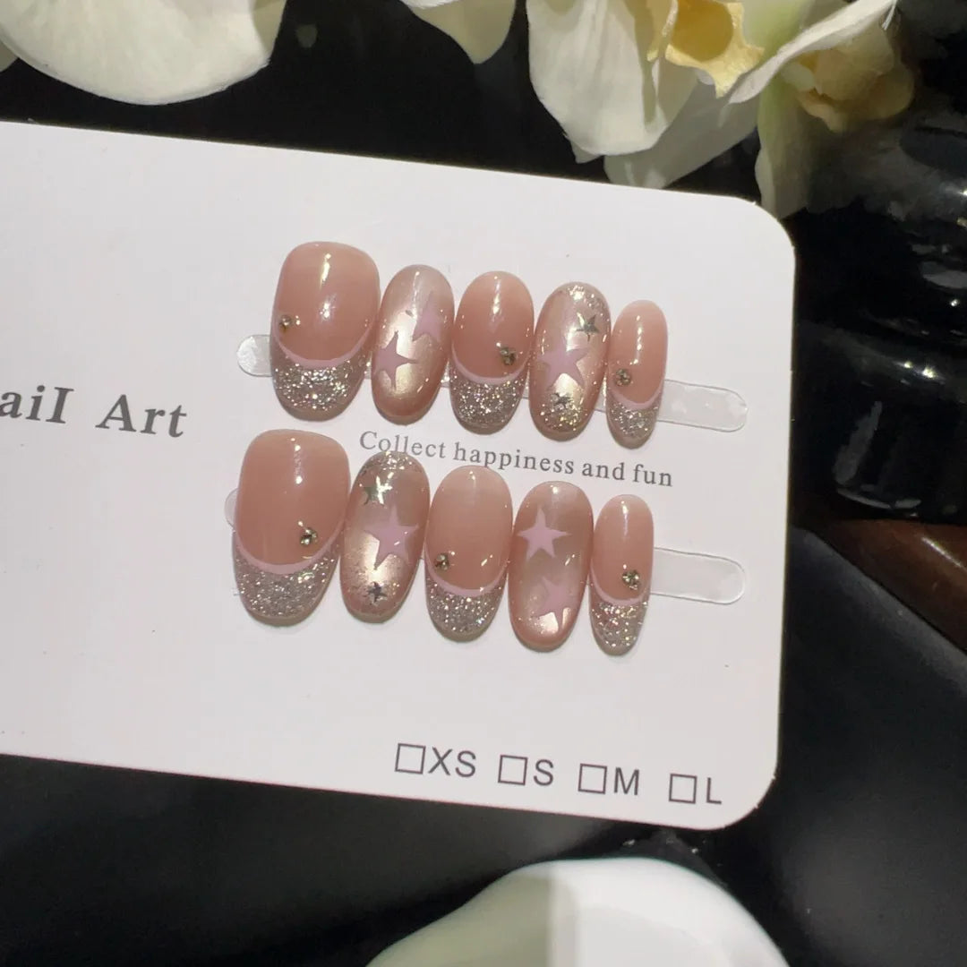 10PCS Ins Blue Short Oval False Nails Retro Hand-drawn Brown Polka Dot Bow French Press on Nails Full Cover Detachable Manicure