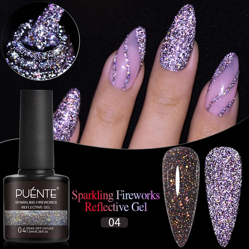 PUENTE 7.5ML Sparkling Pinkish Purple Laser Cat Magnetic Gel Nail Polish Holographic Rainbow Effect Soak Off UV Nail Art Varnish