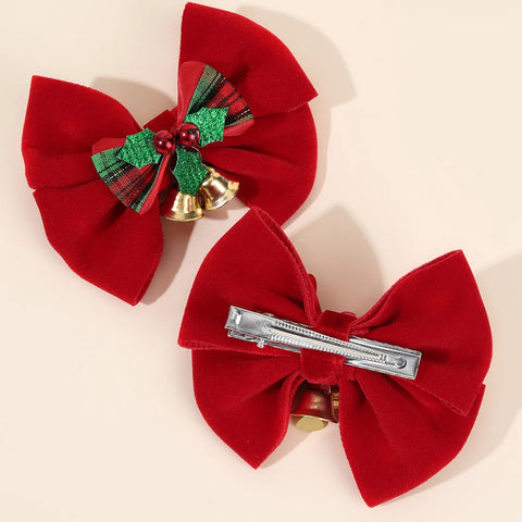 2Pcs Christmas Red Bow Hair Clips With Small Bell For Girls Plaid Pattern Velvet Bow Hairpins Xmas Party Hair Accessories Gifts