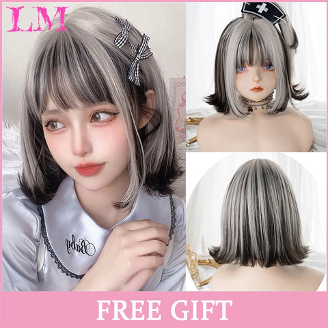 LM Synthetic Hair Long Wave Black And Pink Lolita Wigs For Women Cosplay Wig With Bangs Halloween Christmas Heat Resistant