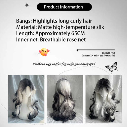 Gray-black Gradient Synthetic Wig Female Twilight Elf Gothic Lolita Wool Curly Long Hair With Bangs Christmas Cosplay Wig