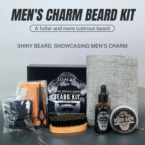7pcs/sets Men Beard Kit Beard Promote Enhancer Thicker Mustache Grooming Beard Care Oil Moisturizer Wax Balm with Comb Scissor