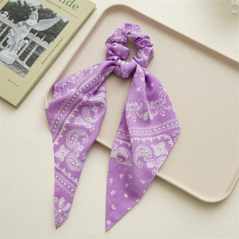 2023 Fashion Print Chiffon Long Ribbon Scrunchies Women Girls Ponytail Scarf Elastic Hair Bands Ties Hair Accessories Wholesale