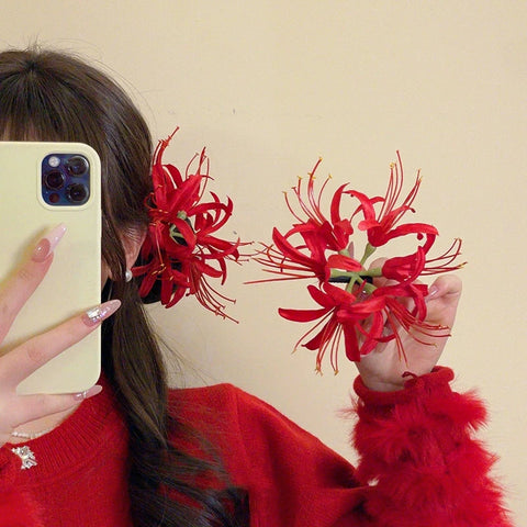 Red Shore Flower Hair Clip New Tassel Design Ancient Style Elegant Duckbill Clip Women's Side Bangs Clip Hair Accessory