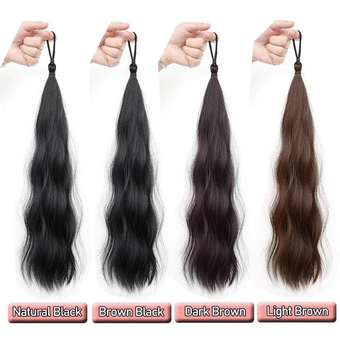 Long Wavy Synthetic Self-Winding Ponytail Hair Extensions With Elastic Rubber Band Braided Hair Bundle For Women Increase Hair