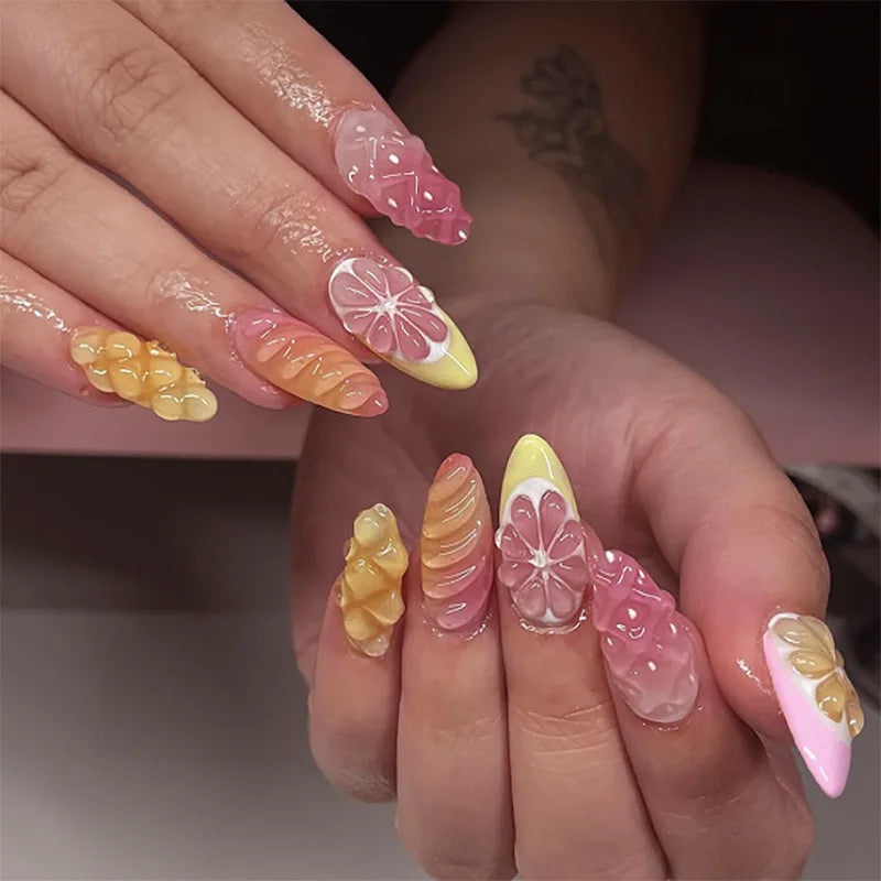 24pcs Tropical Flower Press On Nails Colorful French 3D Crystal Butterfly Shells Pattern Printed False Nails Almond Fake Nail