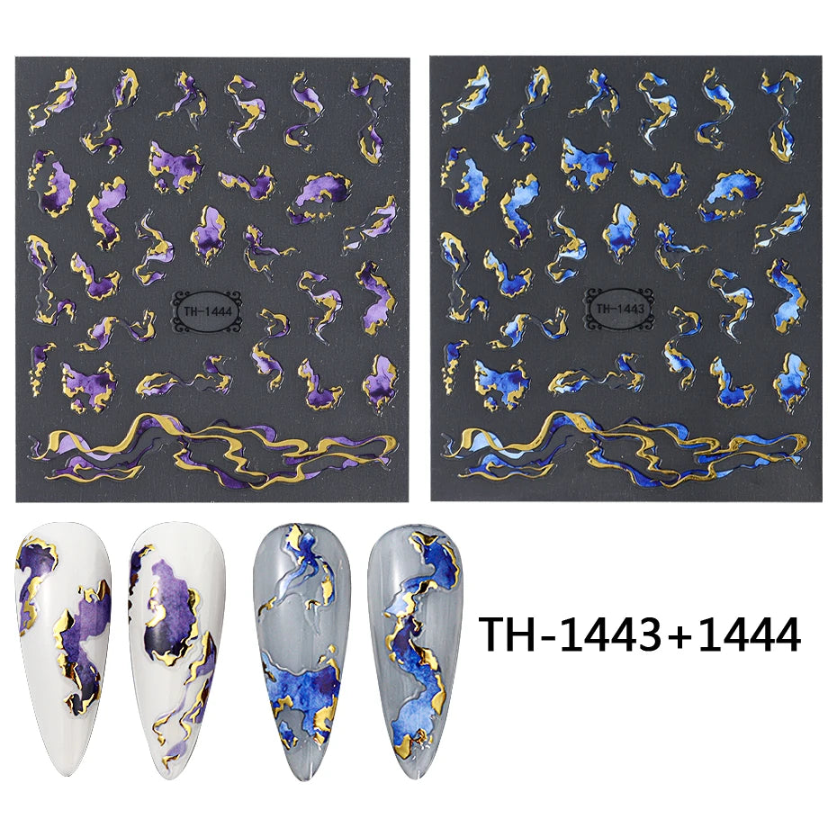 Nails Stickers Purple Blue Brown Ink Design Decals Gold Decorations Art Self-Adhesive Holographic Gel Slider Manicure Supplies