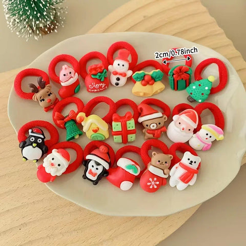 10Pcs/Set Kids Girls Christmas Hair Ties Cute Santa Claus & Reindeer Design Festive Hair Accessories Holiday Parties Decorations