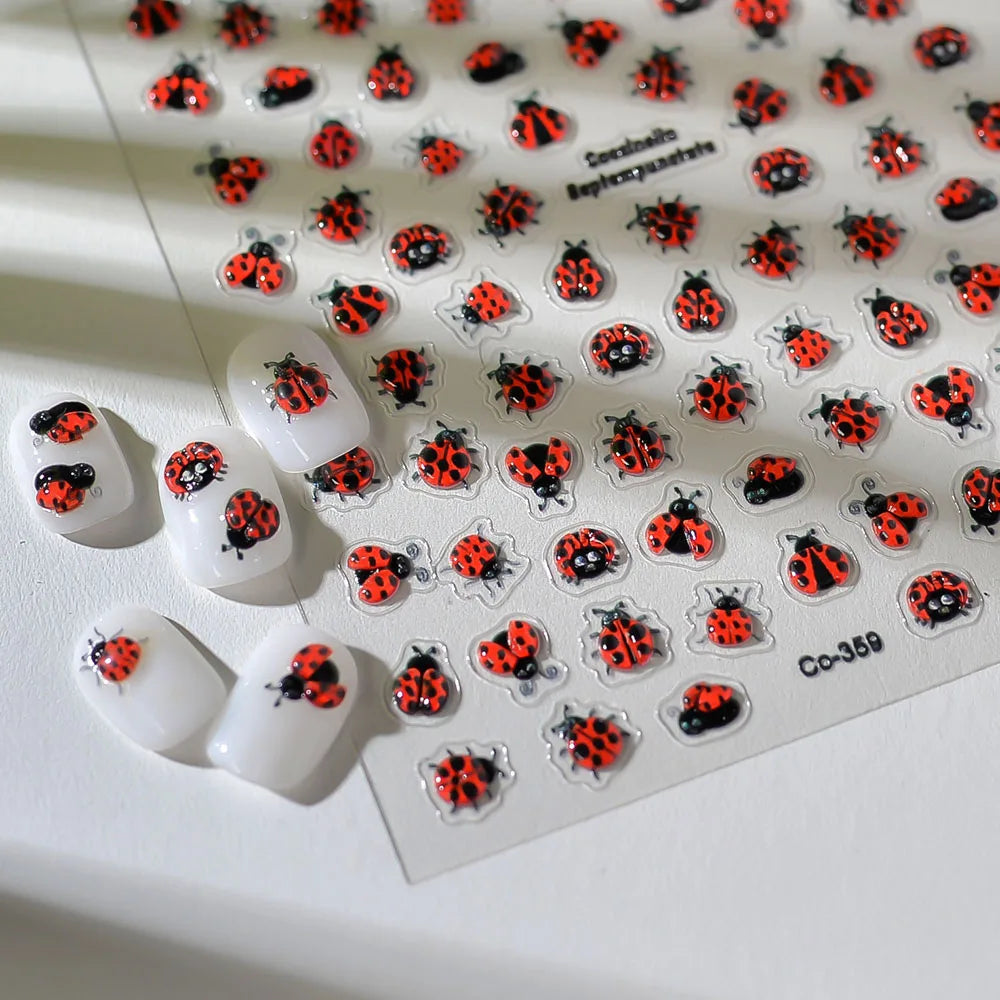 Coccinellidae Nail Art Stickers 5D Embossed Self-Adhesive Decals Mix Design Insect Nail Slider Cute Summer Nail Accessories