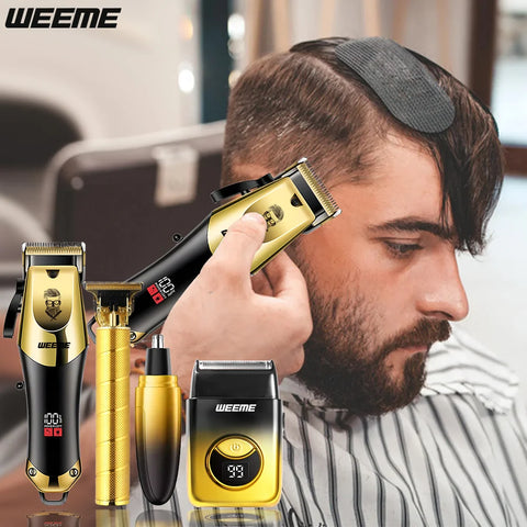 Wireless USB 4PCS Men's Hair Clipper Set & Nose Trimmer Rechargeable Lithium Battery Haircut Kit Ideal Gift for Him Golden Gradi
