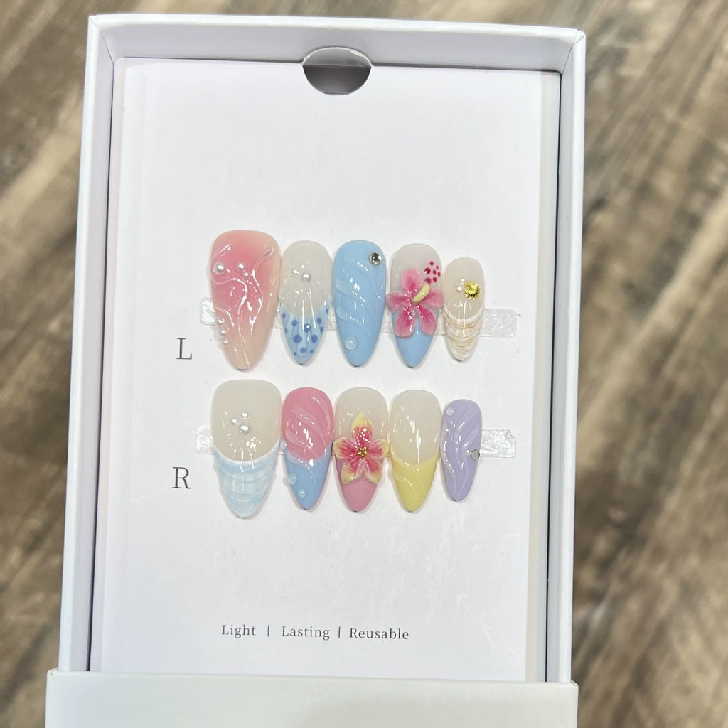 10pcs French Almond Press on Nails Flower False Nails Wearable Stick-on Nails Fake Nail Uñas Postizas Mujer Накладные Ногти 네일팁