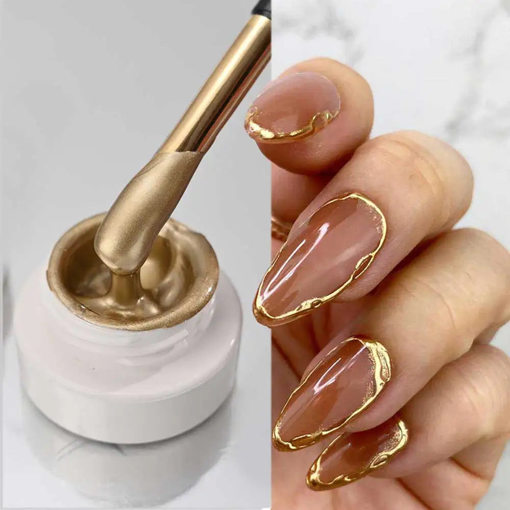 Gold Metallic Painting Nail Gel Liner Polish,3D Metal Mirror Effect Paint Drawing Nail Gel Build-in Brush Soak Off UV Chrome Gel