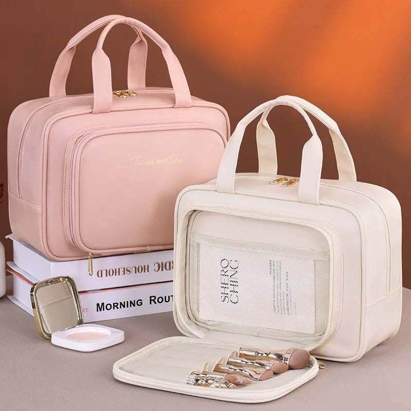 Large Capacity Makeup Bag for Women – Portable Cosmetic Organizer with Brush Holder & Carry Handle, Travel-Friendly Makeup Case