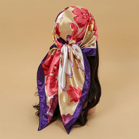 Satin Square Scarf Women Muslim Hijab Elegant 2025 Print Silk Neckerchief Shawl Wraps Headband Handle Hair Accessories Bandana