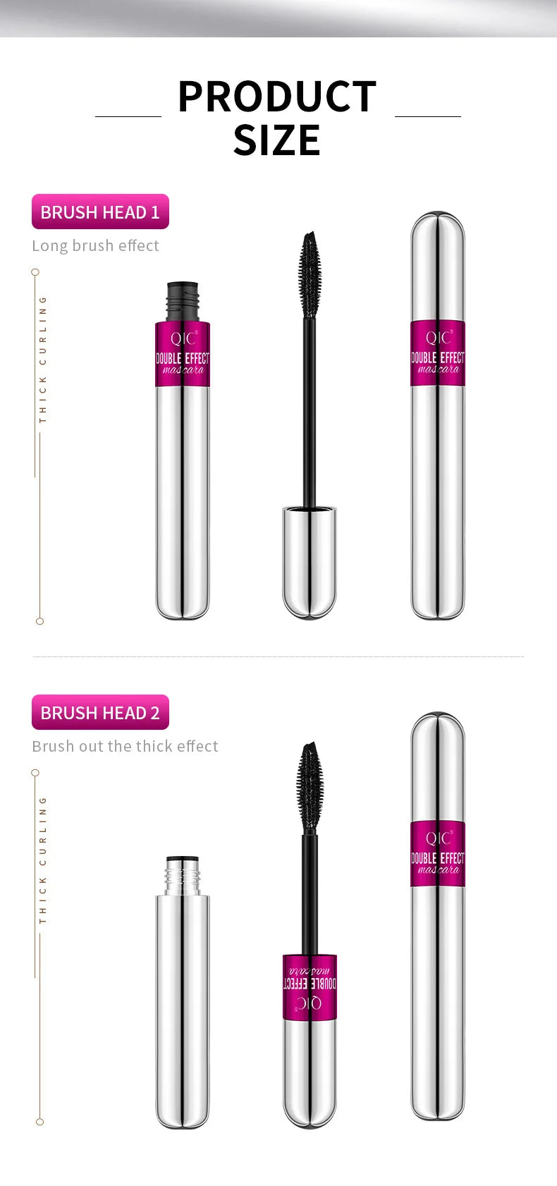 QIC Double Effect 4D Mascara Waterproof Long Curl Natural Thick Eyelash 2-in-1 Black Mascara with 2 Brush Heads