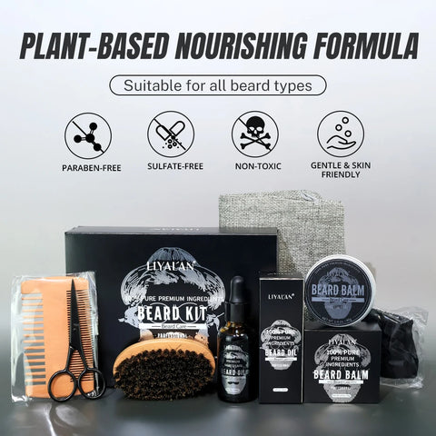 7pcs/sets Men Beard Kit Beard Promote Enhancer Thicker Mustache Grooming Beard Care Oil Moisturizer Wax Balm with Comb Scissor