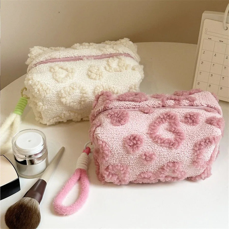 Plush Makeup Bags with Handle Soft Travel Cosmetic Storage Bag Portable Love Print Organizer Pencil Case Cute Clutch Pouch