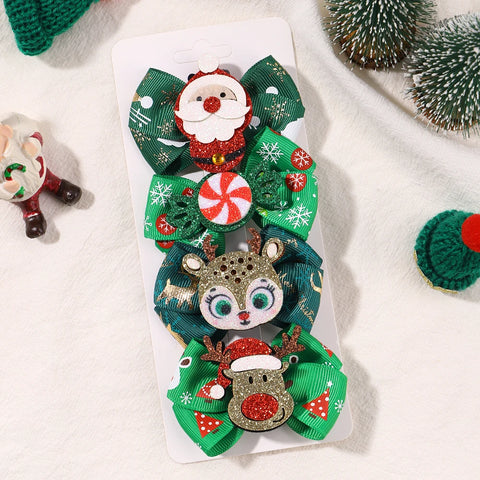 4pcs New Christmas Hair Bow Clips for Baby Girls DIY Glitter X'mas Santa Elk Bowknot Hairpin Cute Kid Headwear Hair Accessories