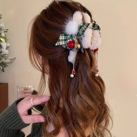 1/2pcs Elegant Christmas Plush Bow Tassel Hair Claw Clips for Women-Holidays, Christmas Day, Thanksgiving Gifts
