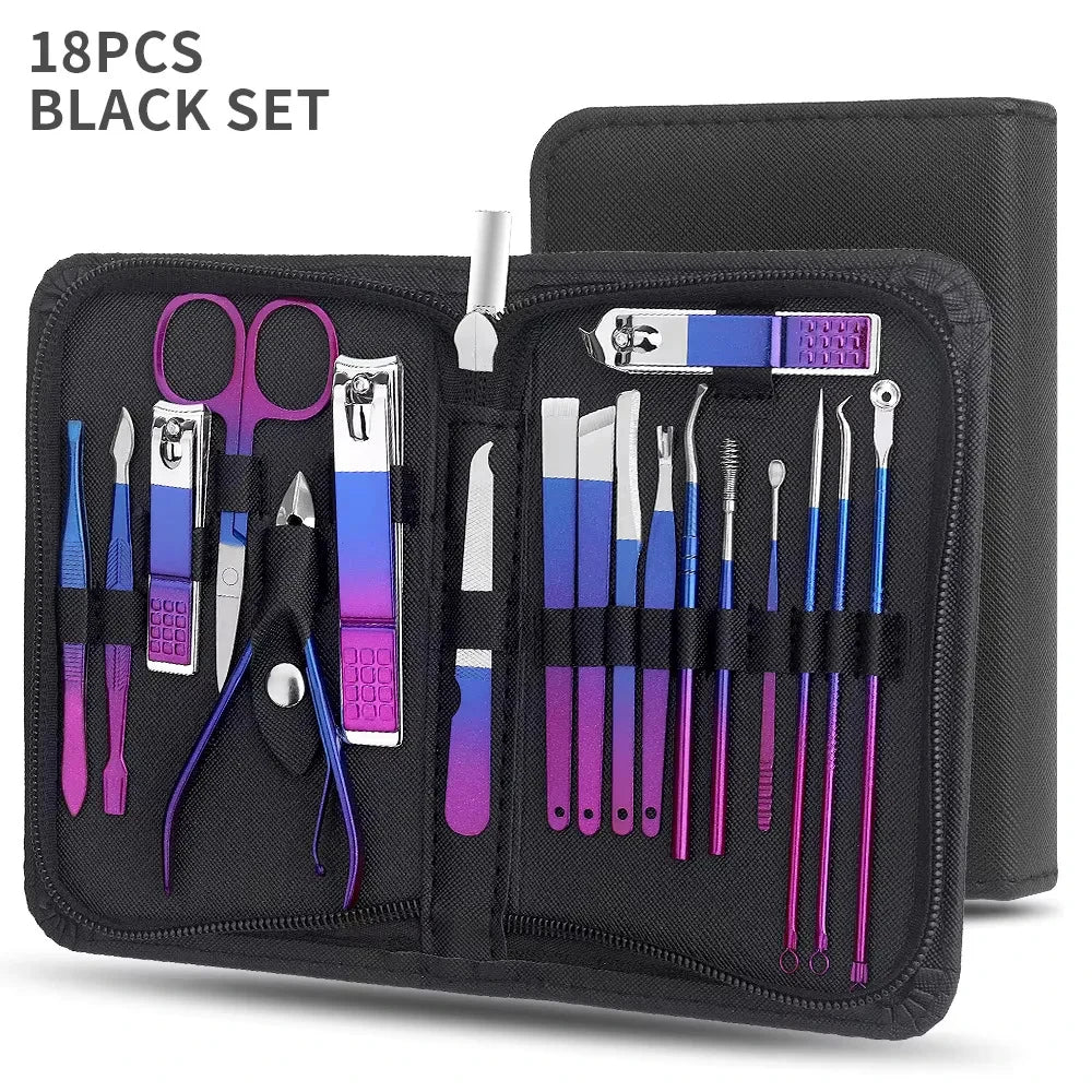 6/9/18/26pcs Manicure Set, Stainless Steel Gradient Professional Pedicure Kit Nail Scissors Grooming Kit With Travel Case