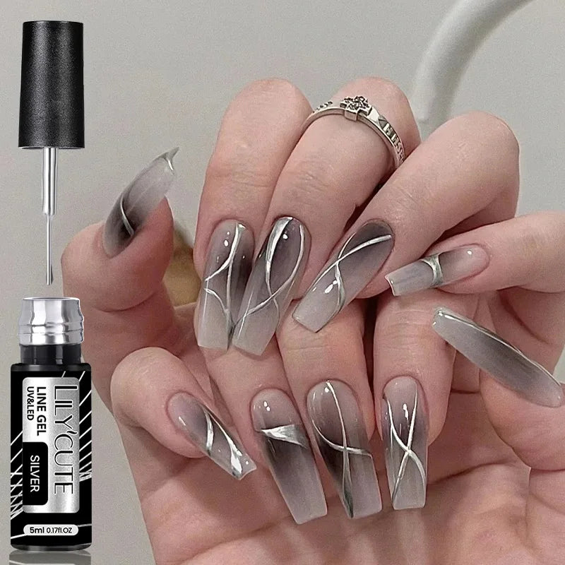 LILYCUTE 3PCS Gold Sliver Metallic Liner Gel Nail Polish French Style Super Bright Mirror Pull Line Graffiti Painting Stripe Gel