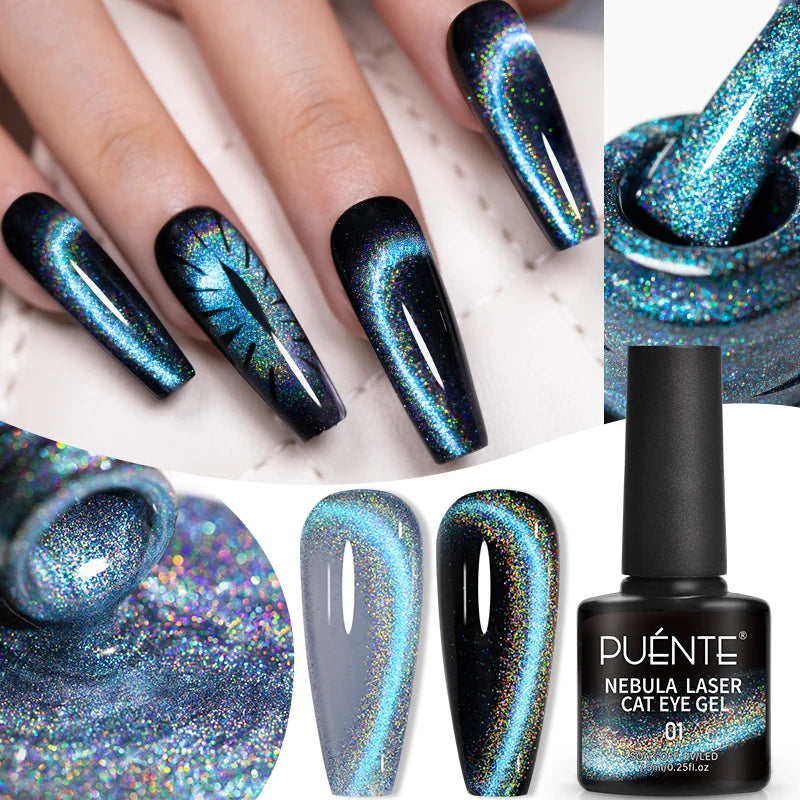PUENTE 7.5ML Sparkling Pinkish Purple Laser Cat Magnetic Gel Nail Polish Holographic Rainbow Effect Soak Off UV Nail Art Varnish